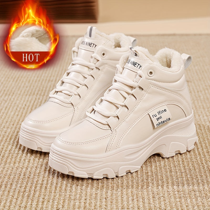 Baskets montantes femme fourrées épaisses semelle compensée blanc ou beige