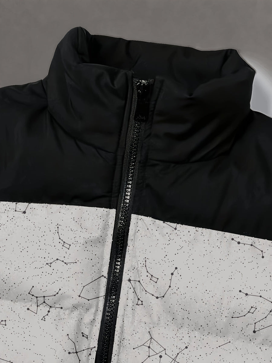 Zweifarbige gesteppte Herren-Daunenjacke mit Stehkragen und aufgedrucktem Sternbildmuster