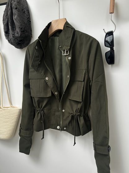Veste Courte Cargo pour Femme à Boutons et Ceinture Boucle Couleur Unie