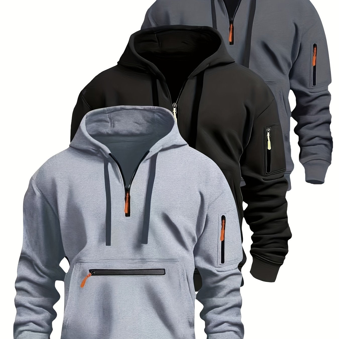 Sweat à Capuche Homme Zippé Mi-long avec Poche Kangourou et Manches Zippées