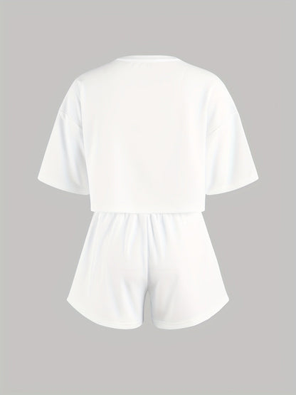 Pyjama d'intérieur décontracté pour femme avec imprimé cœurs bleus – Ensemble short et t-shirt, style cosy pour la maison