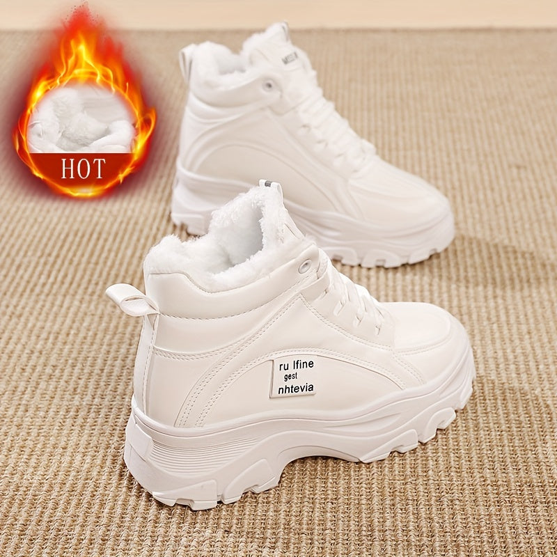Baskets montantes femme fourrées épaisses semelle compensée blanc ou beige