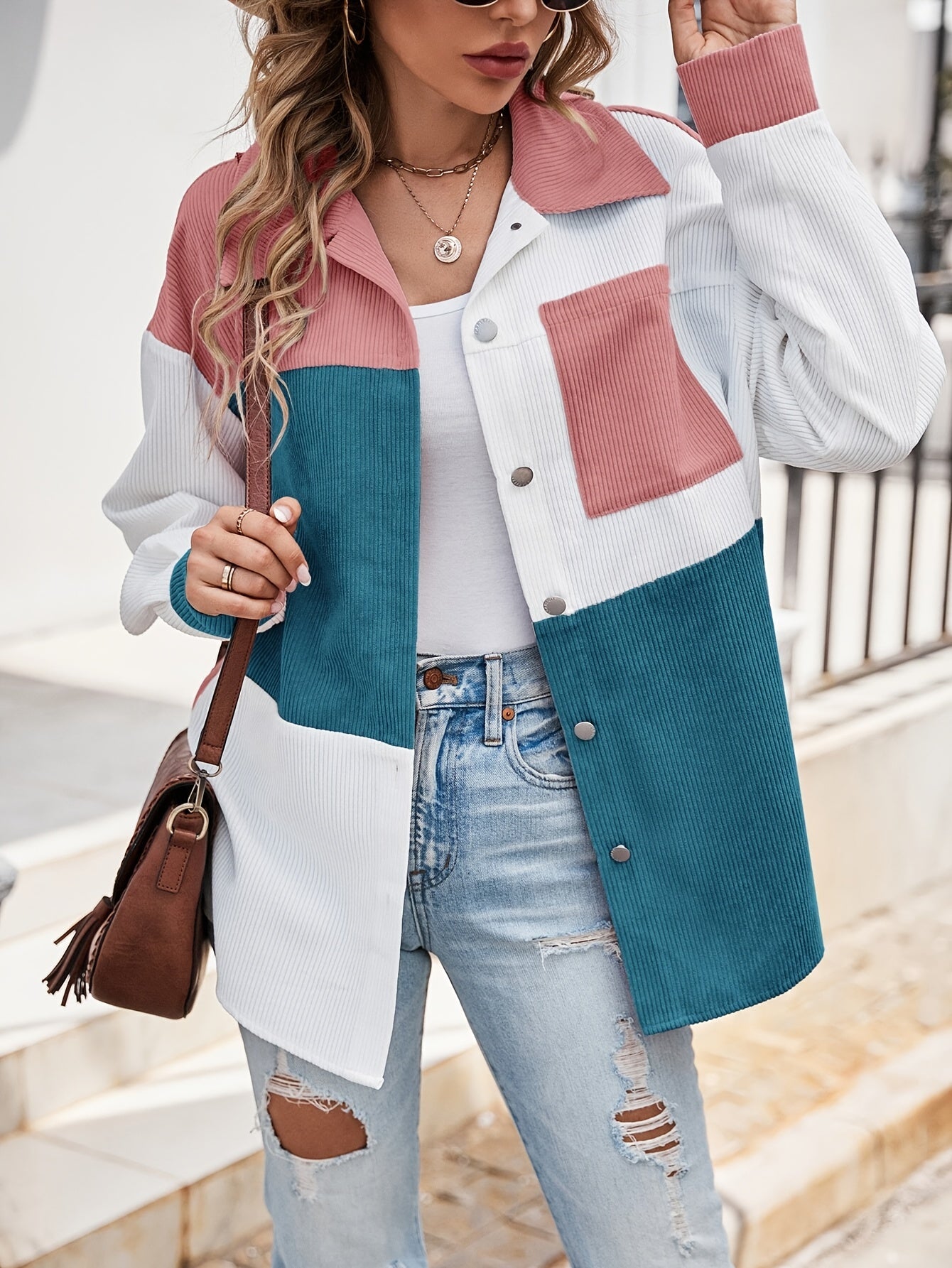 Veste Chemise Femme Blocs de Couleurs Velours Côtelé Boutons Col Chemise Manches Longues
