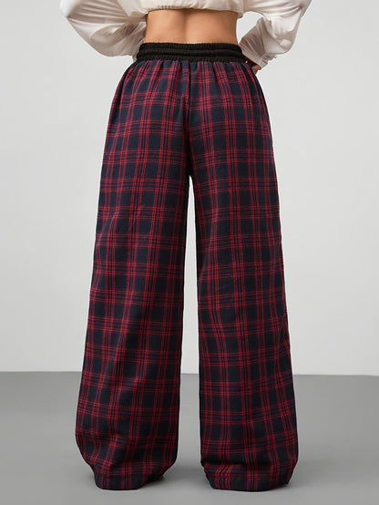 Pantalon large à carreaux style décontracté pour femme, idéal pour la détente ou le week-end