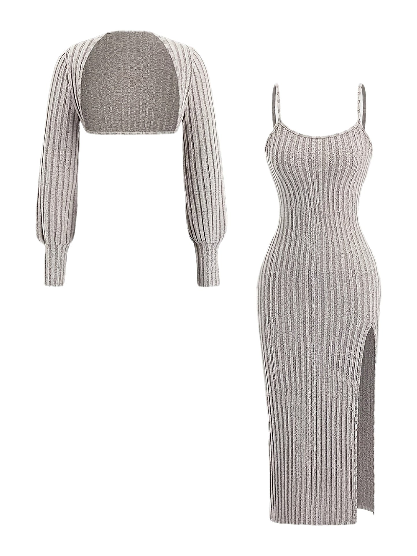 Ensemble Robe Midi Bretelles Fines & Boléro Court Manches Longues Maille Côtelée