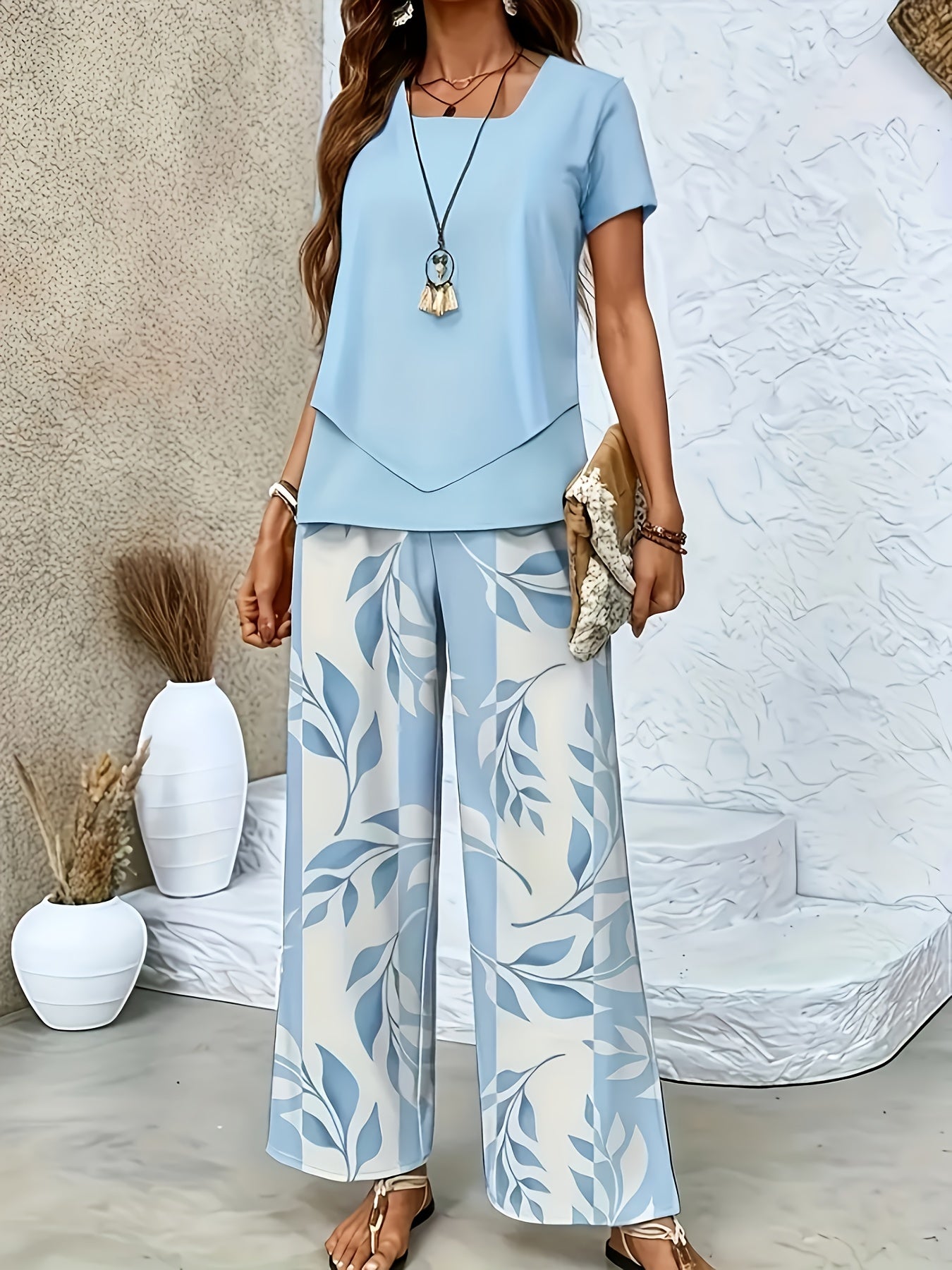 Ensemble élégant pour femme à manches courtes style décontracté chic avec pantalon large imprimé floral