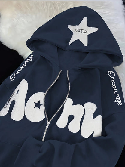 Sweat à Capuche Zippé Femme Rose Vif Étoile New York Lettrage Noir