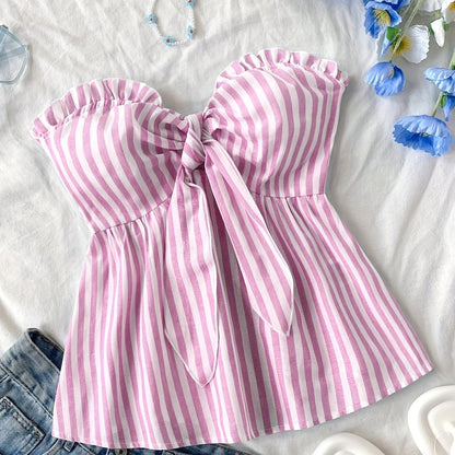 Striped tied-front bustier top casual style for women