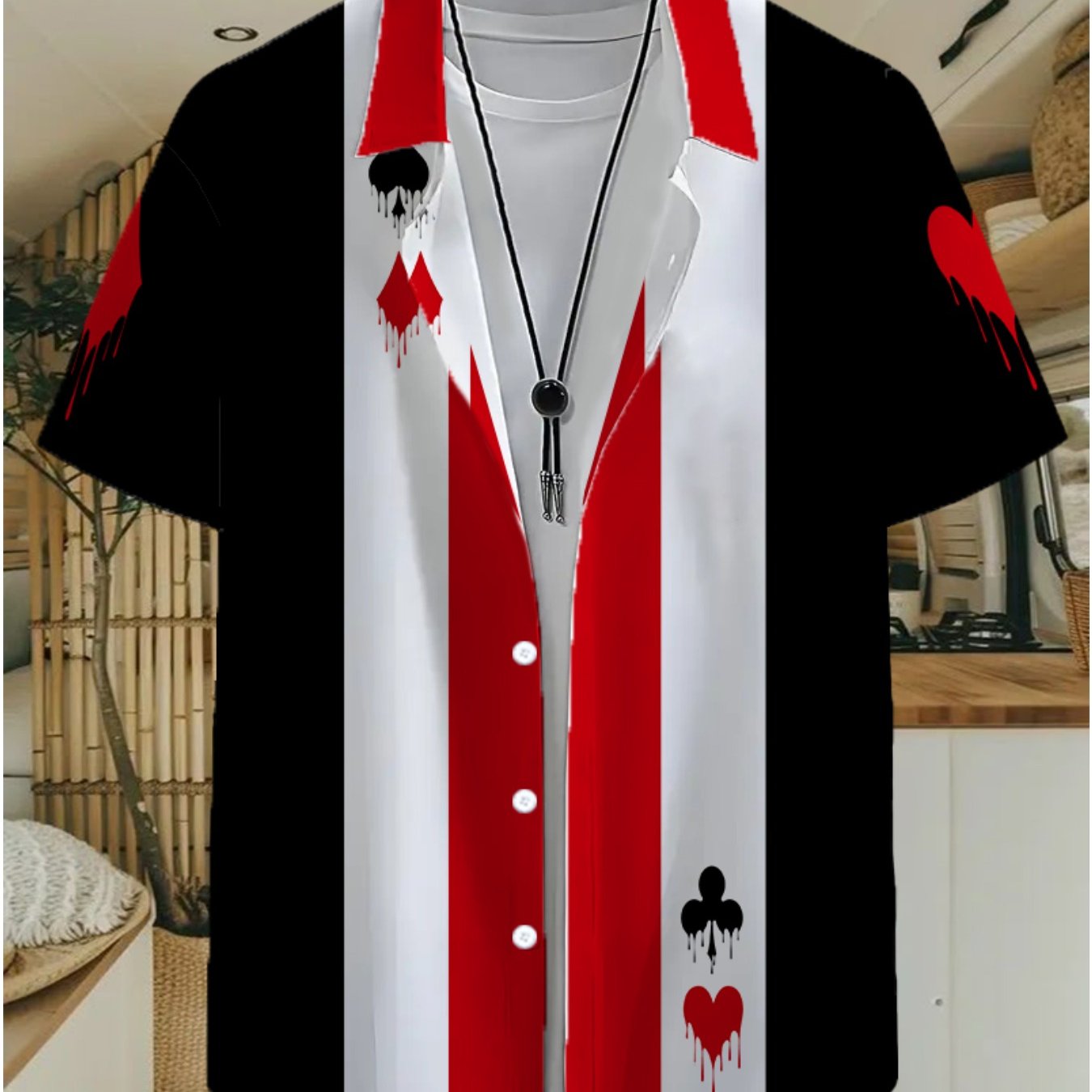 Chemise décontractée homme style jeu de cartes motif graphique – idéale pour sorties ou vacances