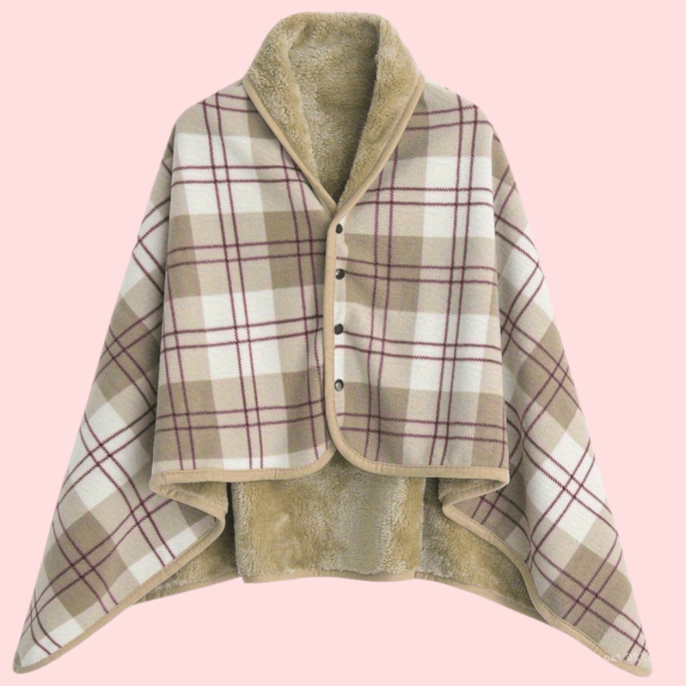 Women's Plaid Snap Button Fleece Lined Poncho Cape