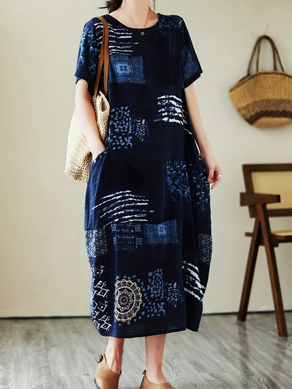 Abito casual a maniche corte da donna stile artistico bohémien ampio con stampa geometrica e botanica