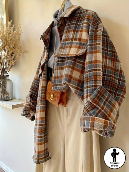 Surchemise à carreaux oversize Femme marron beige bleue décontractée
