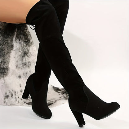 Bottes Cuissardes Femme à Talon Carré Épais et Lacets Arrière - Style Élégant et Confortable
