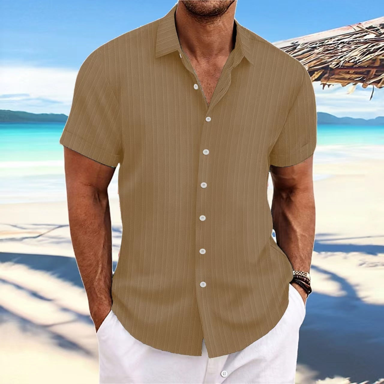 Chemise décontractée à rayures pour homme – Style estival chic, idéale pour la plage ou la ville