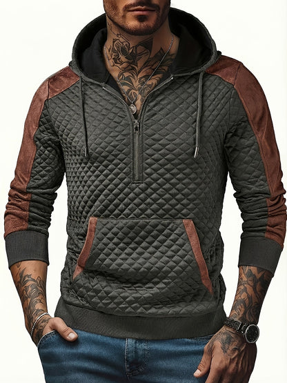 Sweat à Capuche Homme matelassé Noir Marron à Demi-Zip