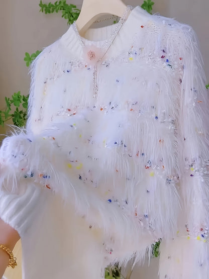 Pull femme doux à franges blanches et touches de couleur, col rond côtelé