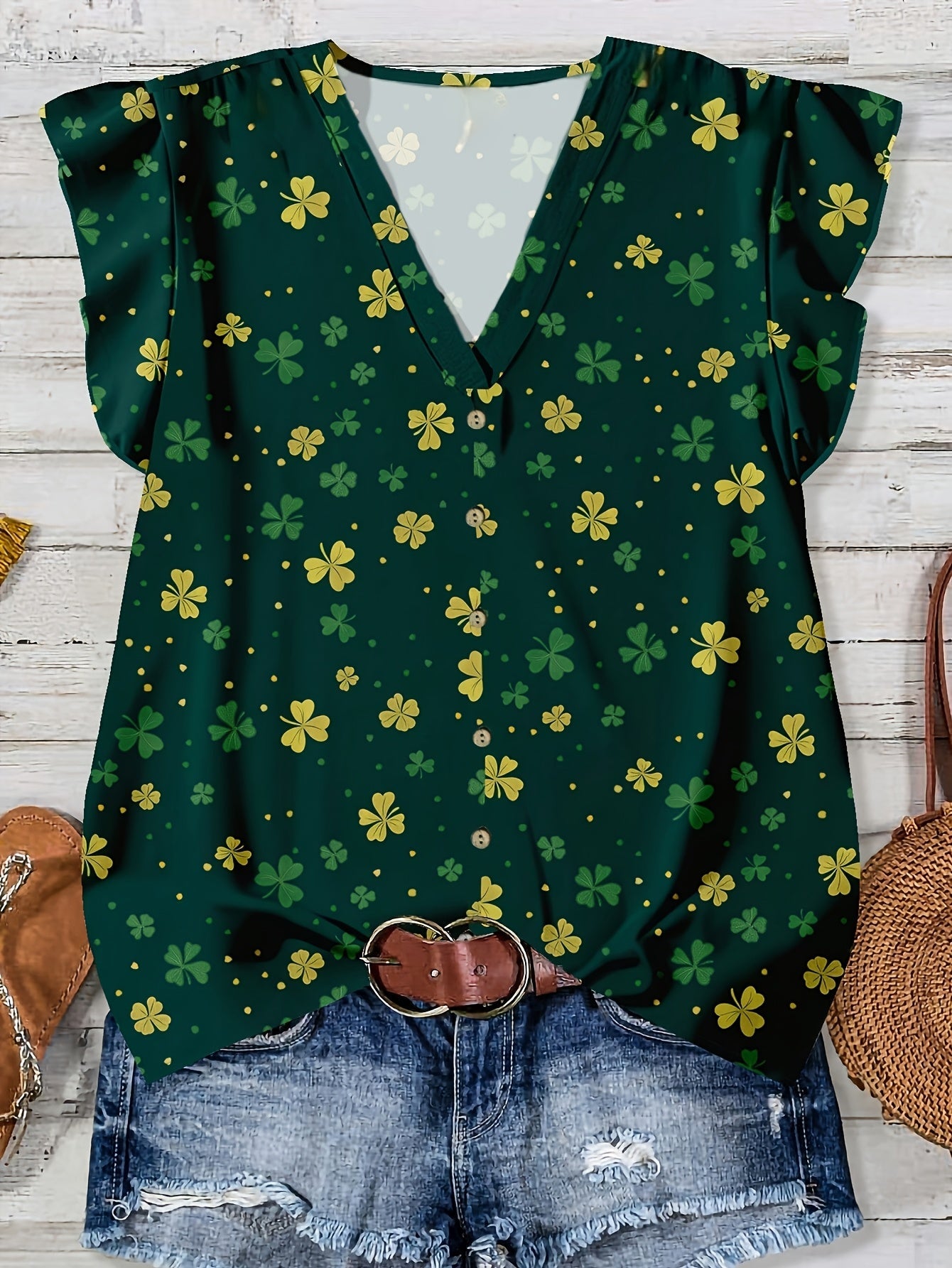 Women's casual blouse with heart print, summer style, V-neck, buttoned
