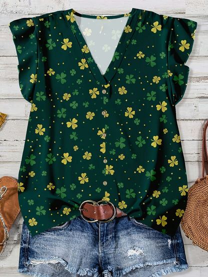 Women's casual blouse with heart print, summer style, V-neck, buttoned