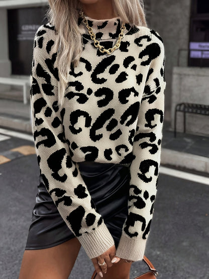 Pull Femme Col Montant Motif Léopard Crème et Noir