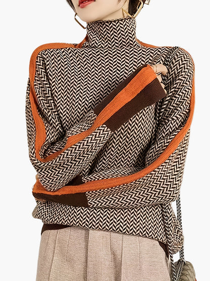 Maglione Invernale Donna Collo Alto Motivo Geometrico Stile Elegante Casual