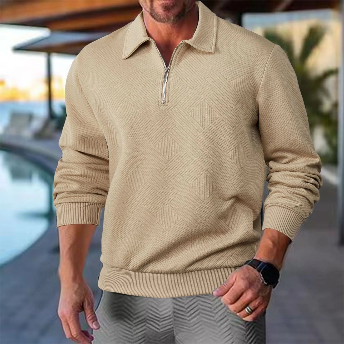 Sudadera para hombre estilo vintage con cuello con cremallera y motivo geométrico – Elegancia casual para todas las ocasiones
