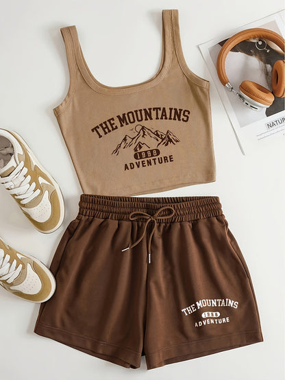 Ensemble Décontracté Femme Style Aventure Montagne – Top Court et Short, Look Sportif et Estival