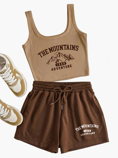 Ensemble Décontracté Femme Style Aventure Montagne – Top Court et Short, Look Sportif et Estival