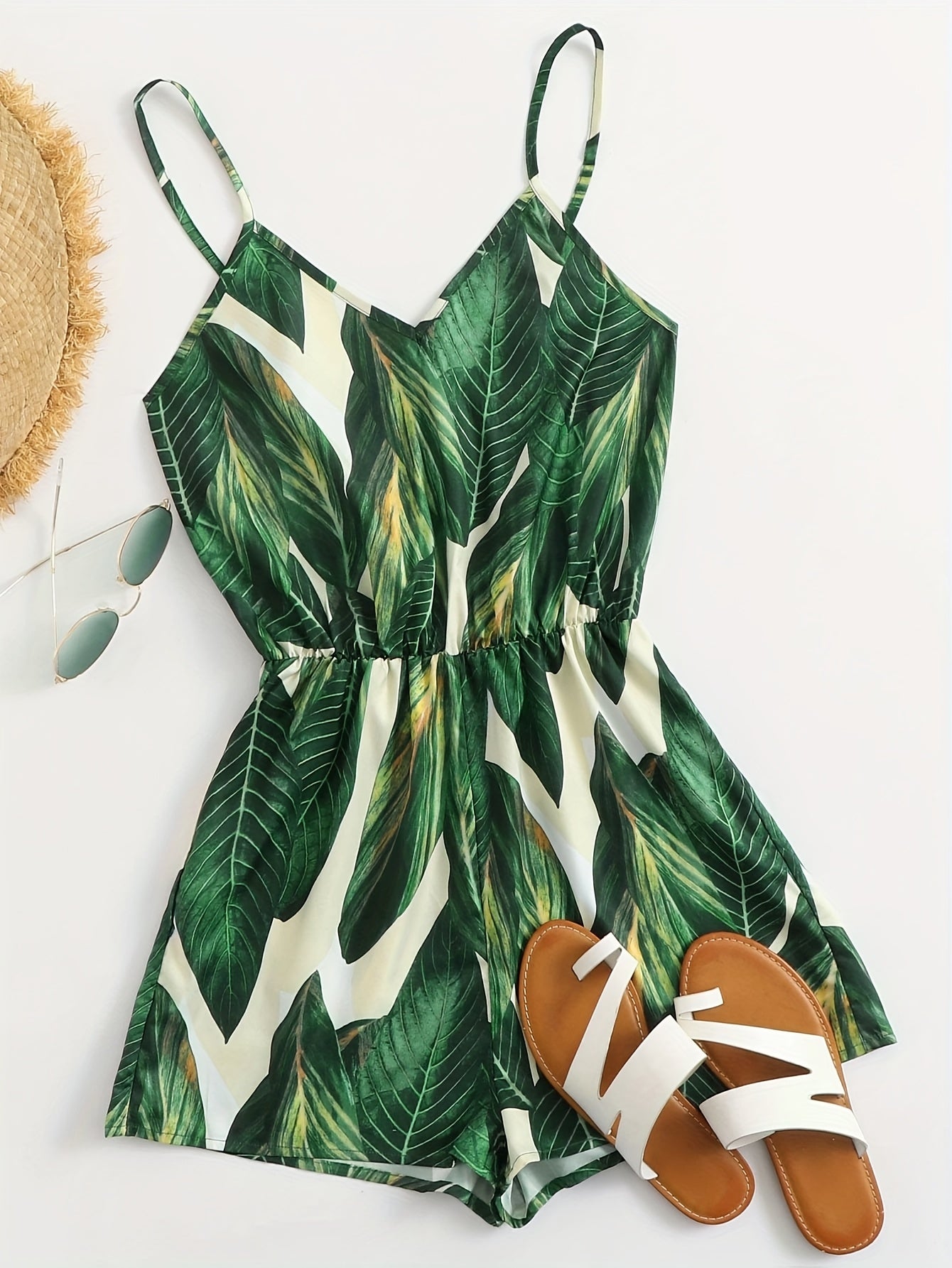 Tuta corta estiva con motivo tropicale da donna, stile vacanze, casual e chic