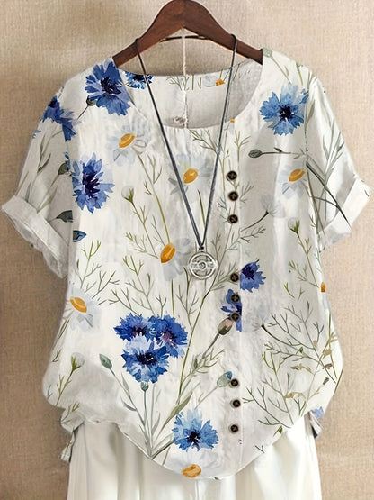 Blouse femme style vintage à fleurs imprimées avec boutons – Élégance décontractée pour l'été