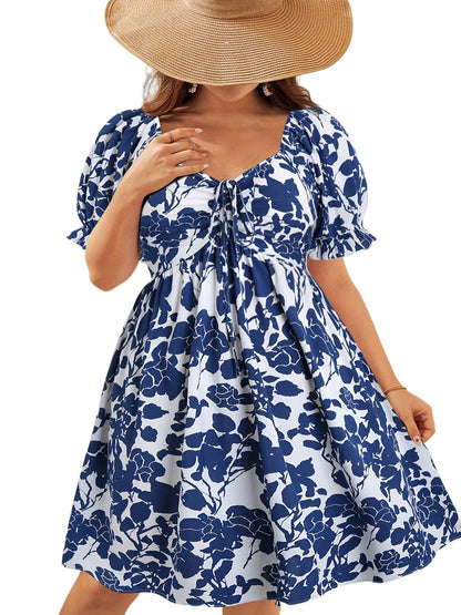 Robe d'été élégante à manches bouffantes pour femme, style floral ample, col en V, idéale pour les vacances