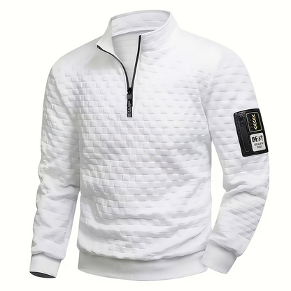 Pull homme matelassé motif géométrique avec col montant zippé et patch manche