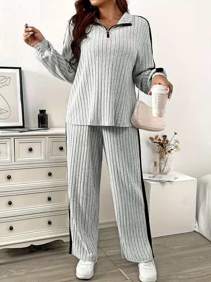 Ensemble côtelé Femme col zippé rayures latérales contrastantes