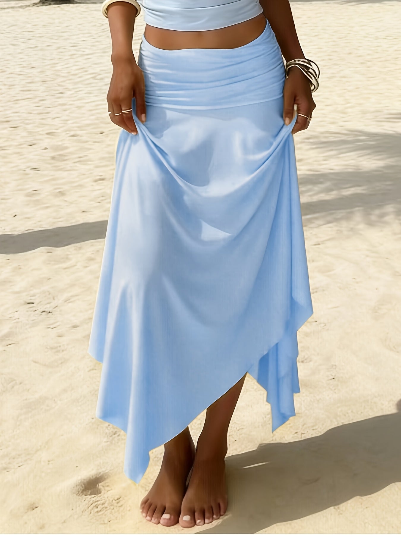 Falda larga de playa para mujer estilo bohemio con cintura fruncida y dobladillo asimétrico - Ideal para vacaciones y la costa