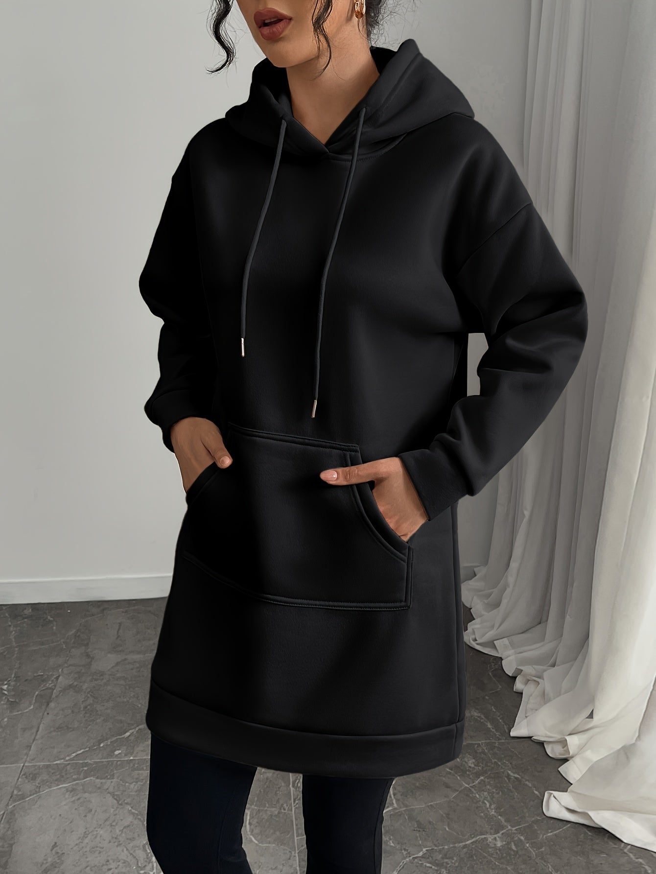 Robe Sweat à Capuche Femme Longue avec Poche Kangourou Manches Longues
