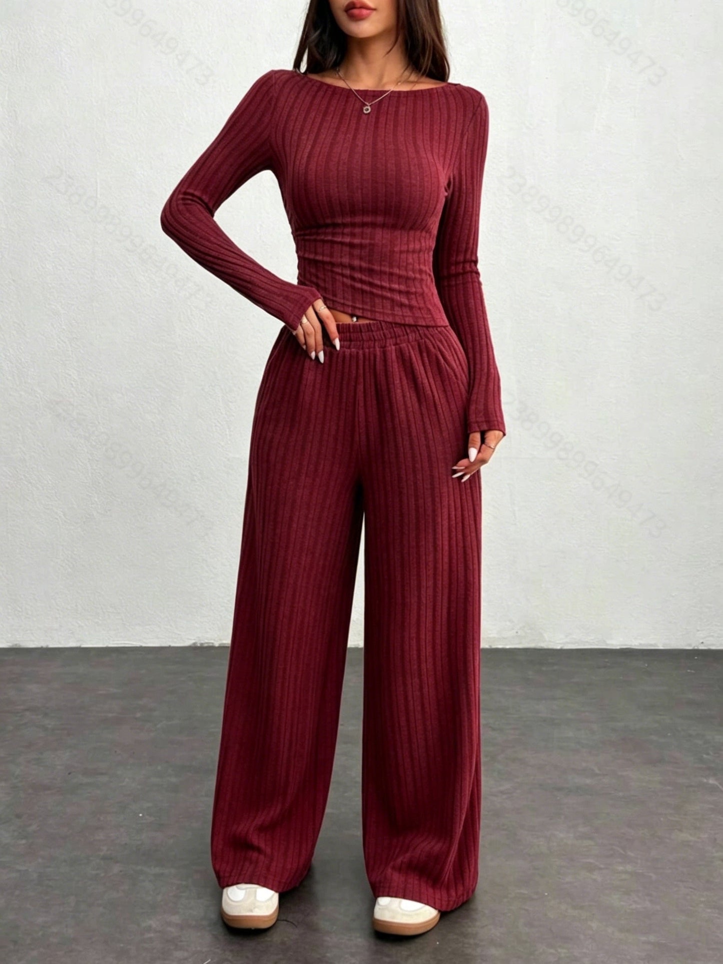 Ensemble côtelé femme 2 pièces pull court et pantalon large gris
