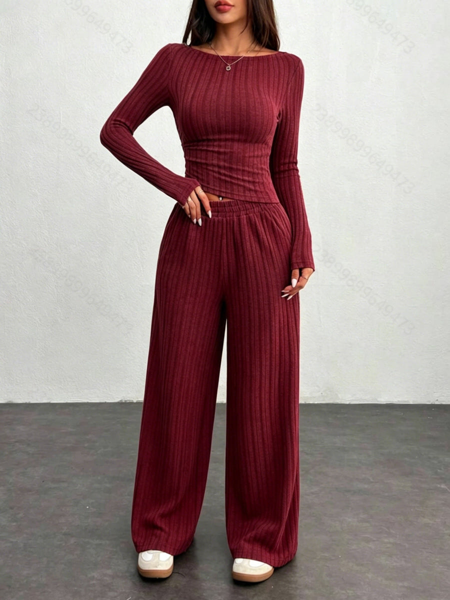 Ensemble côtelé femme 2 pièces pull court et pantalon large gris