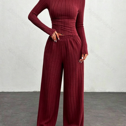 Ensemble côtelé femme 2 pièces pull court et pantalon large gris