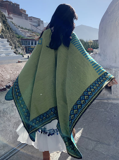 Cape Poncho Femme Réversible Vert Motif Géométrique Rayé Grande Taille