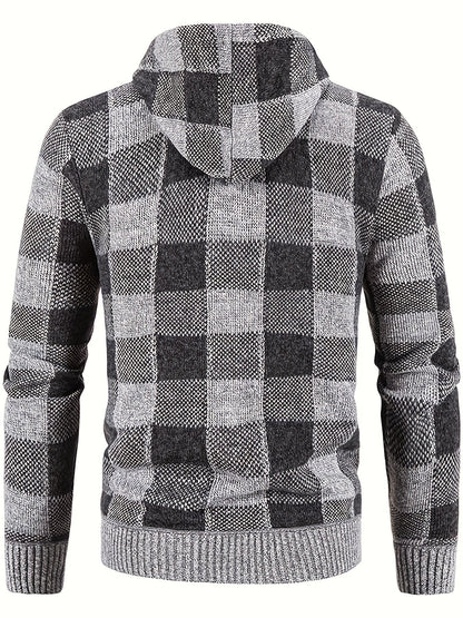 Cardigan Homme à Capuche Carreaux Marron Noir Fermeture Éclair Doublure Chaude