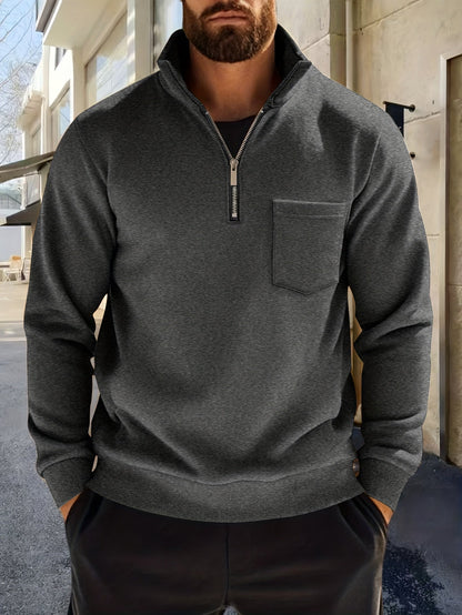 Sweat-shirt Homme Col Montant Zippé avec Poche Poitrine Couleur Unie