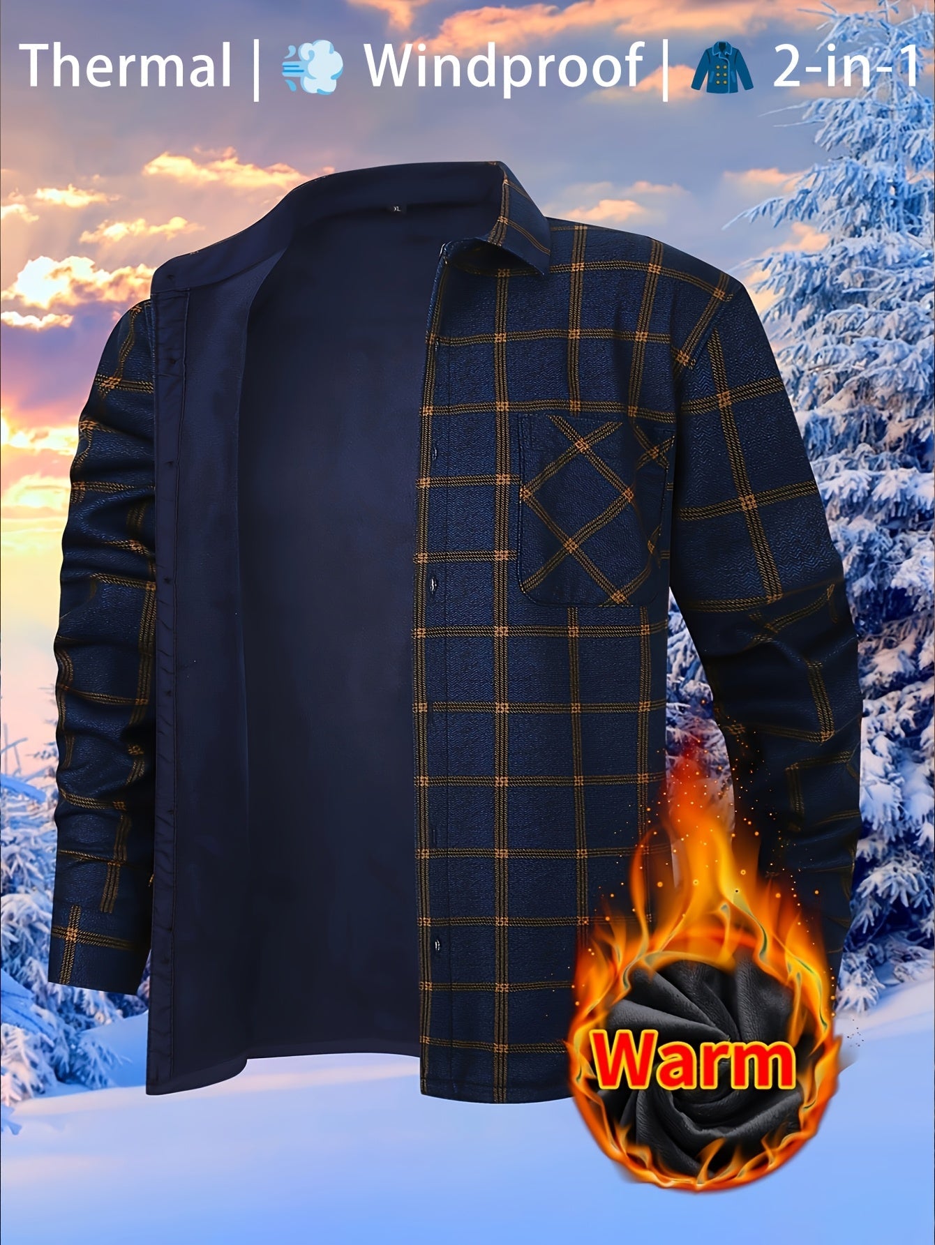 Men's Fleece-Lined Plaid Button-Up Shirt Jacket