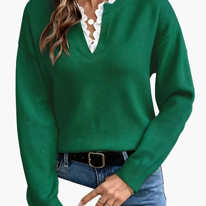 Pull élégant femme col V avec détail dentelle, manches longues, coupe ample, style casual chic pour automne/hiver