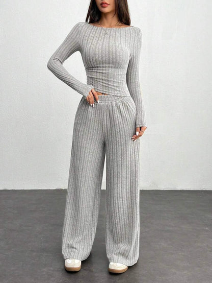 Ensemble côtelé femme 2 pièces pull court et pantalon large gris