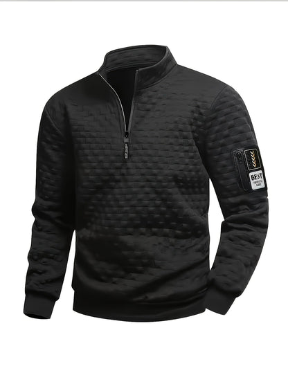 Pull homme matelassé motif géométrique avec col montant zippé et patch manche