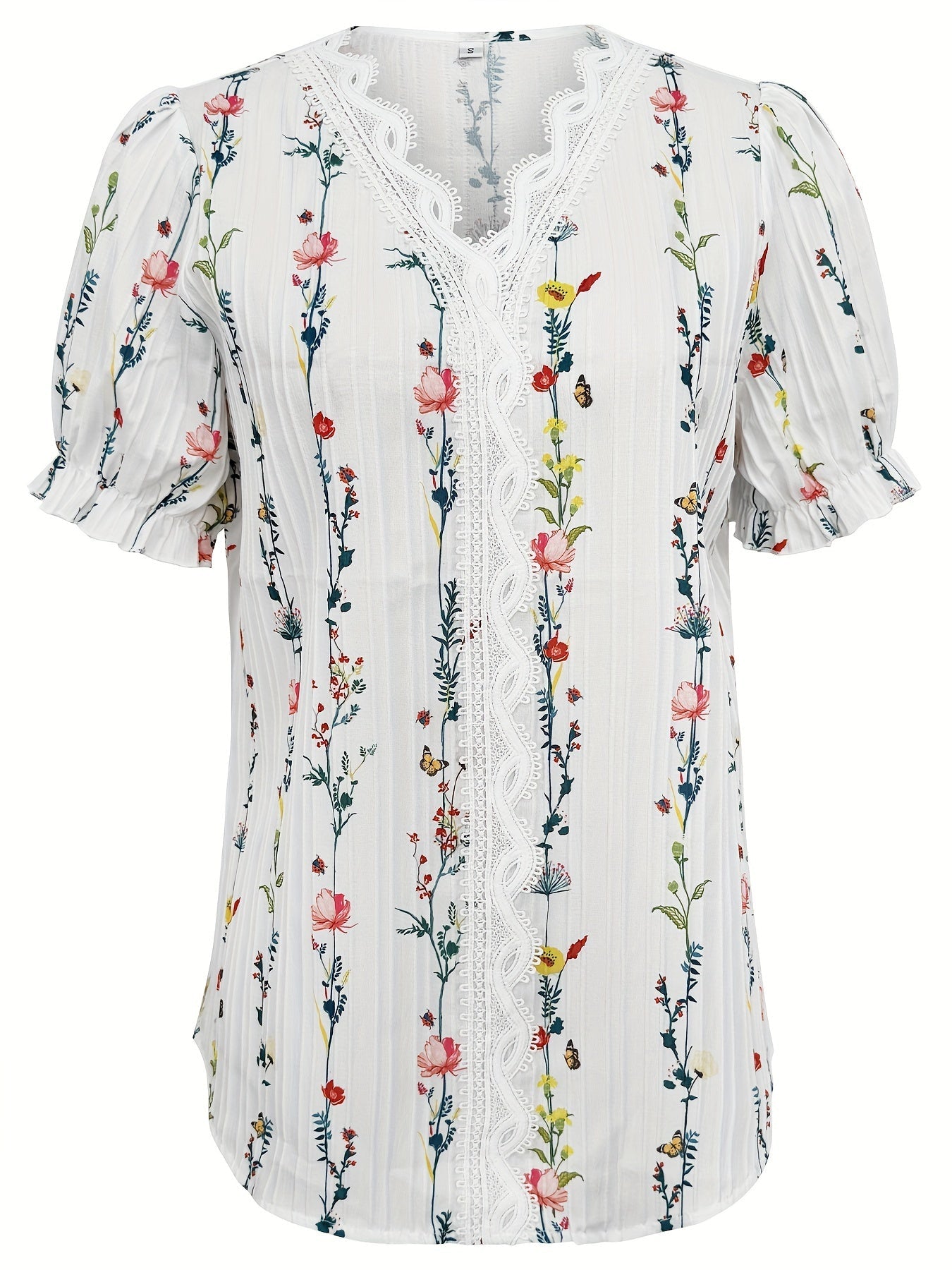 Elegant Women's Blouse with Short Sleeves, Ruffled Collar, Floral Print, Casual Chic Style