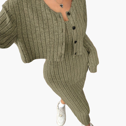 Completo Donna Elegante Due Pezzi Maglione con Bottoni e Gonna Lunga Stile Casual Primavera Autunno