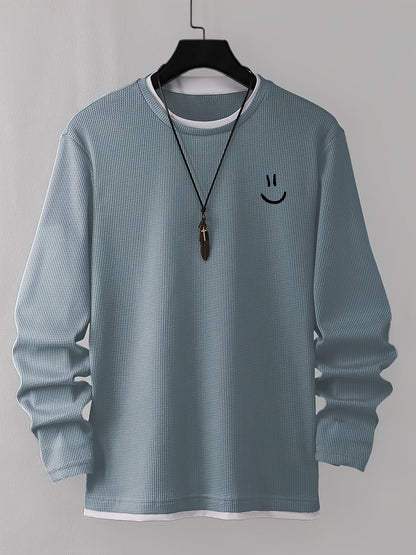 Pull homme texturé gaufré manches longues imprimé smiley col rond
