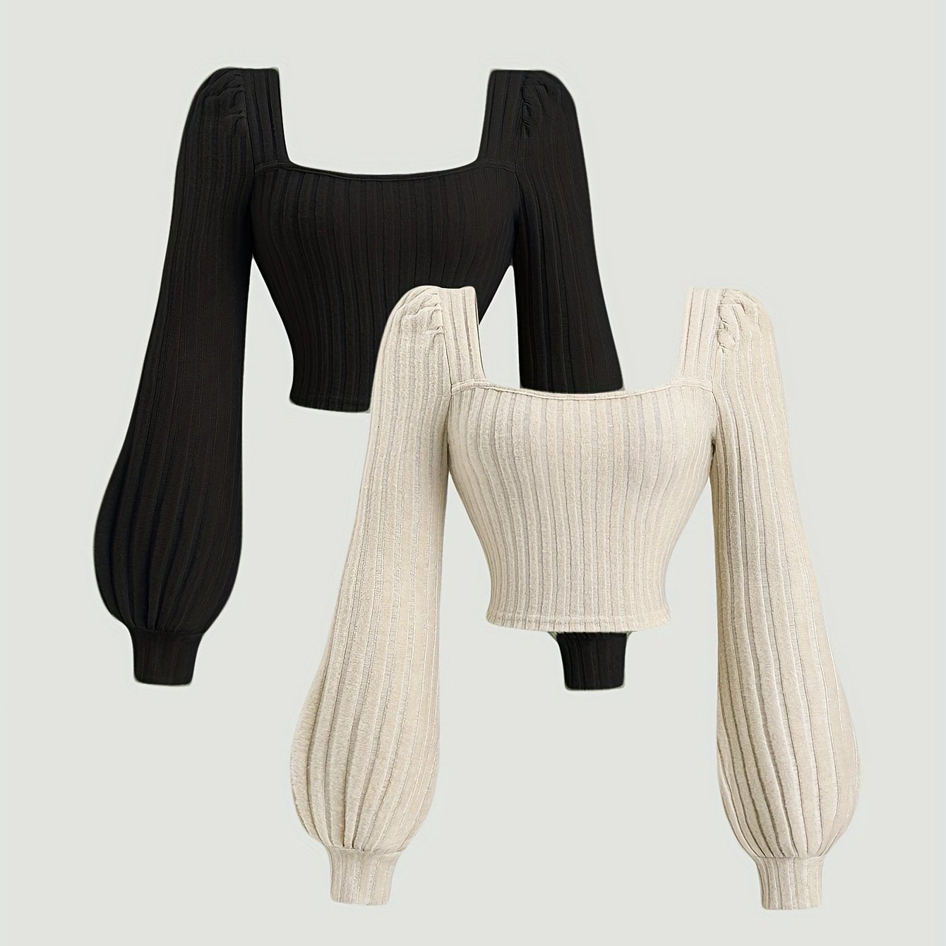 Haut côtelé court femme manches longues bouffantes col carré