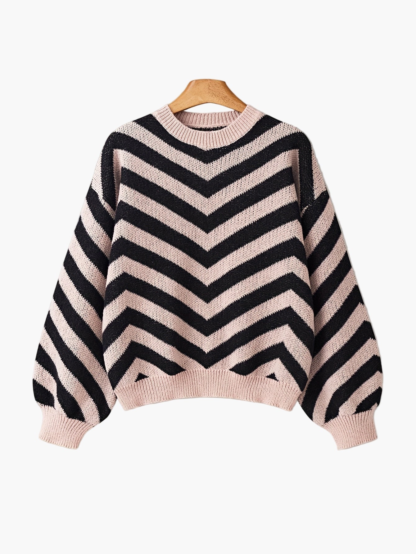 Elegancki sweter damski w paski jodełkowe, styl jesienno-zimowy, z długim rękawem, luźny krój