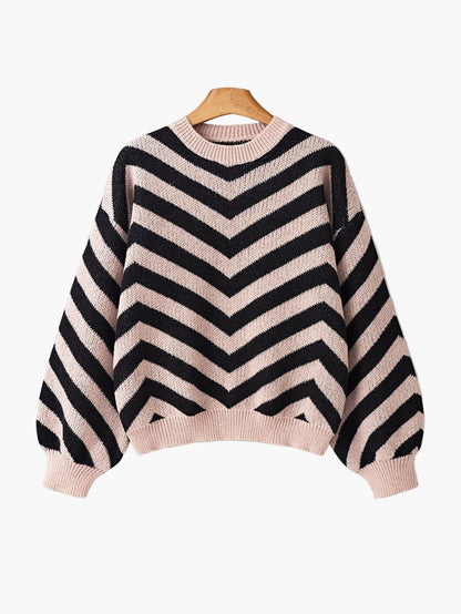 Elegancki sweter damski w paski jodełkowe, styl jesienno-zimowy, z długim rękawem, luźny krój